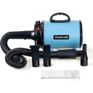 Dog Dryer for Pet Grooming, High Velocity Pet Hair Dryer with Heater, Adjustable Speed, 3 Nozzles and a Comb, Blue