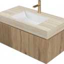 36" Bathroom Vanity with Sink, Wall-Mounted Plywood Bathroom Storage Cabinet with Ceramic Basin & Sintered Stone Countertop, Modern Pre-Assembled Floating Vanity with Drawer & Door, Oak