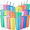 Plastic Tumblers with Lids and Straws, 24 Pcs Reusable Cups with Lids Plastic Colorful Cups for Parties Birthdays, Iced Coffee Cup Travel Mug Cold Drink Cups Bulk Tumblers (24 oz, Light Colors)