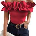 OYOANGLE Women's Ruffle Trim Off Shoulder Short Sleeve Blouse Party Tops Shirt (Red, M)