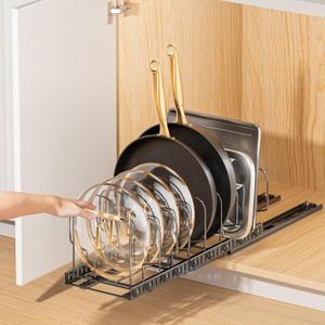 Pots and Pans Organizer for under Cabinet, Pull out Pan Organizers inside Cabinet for Kitchen Cabinet Organizers and Storage with Adjustable Dividers and Handled Divider