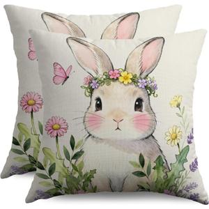 Easter Pillow Covers 18x18 Inch Set of 2 Cute Bunny Rabbit Spring Yellow Purple Pink Floral Butterfly Holiday Decorative Throw Pillowcases Outdoor Farmhouse Cushion Cases Decor for Sofa Couch Bed