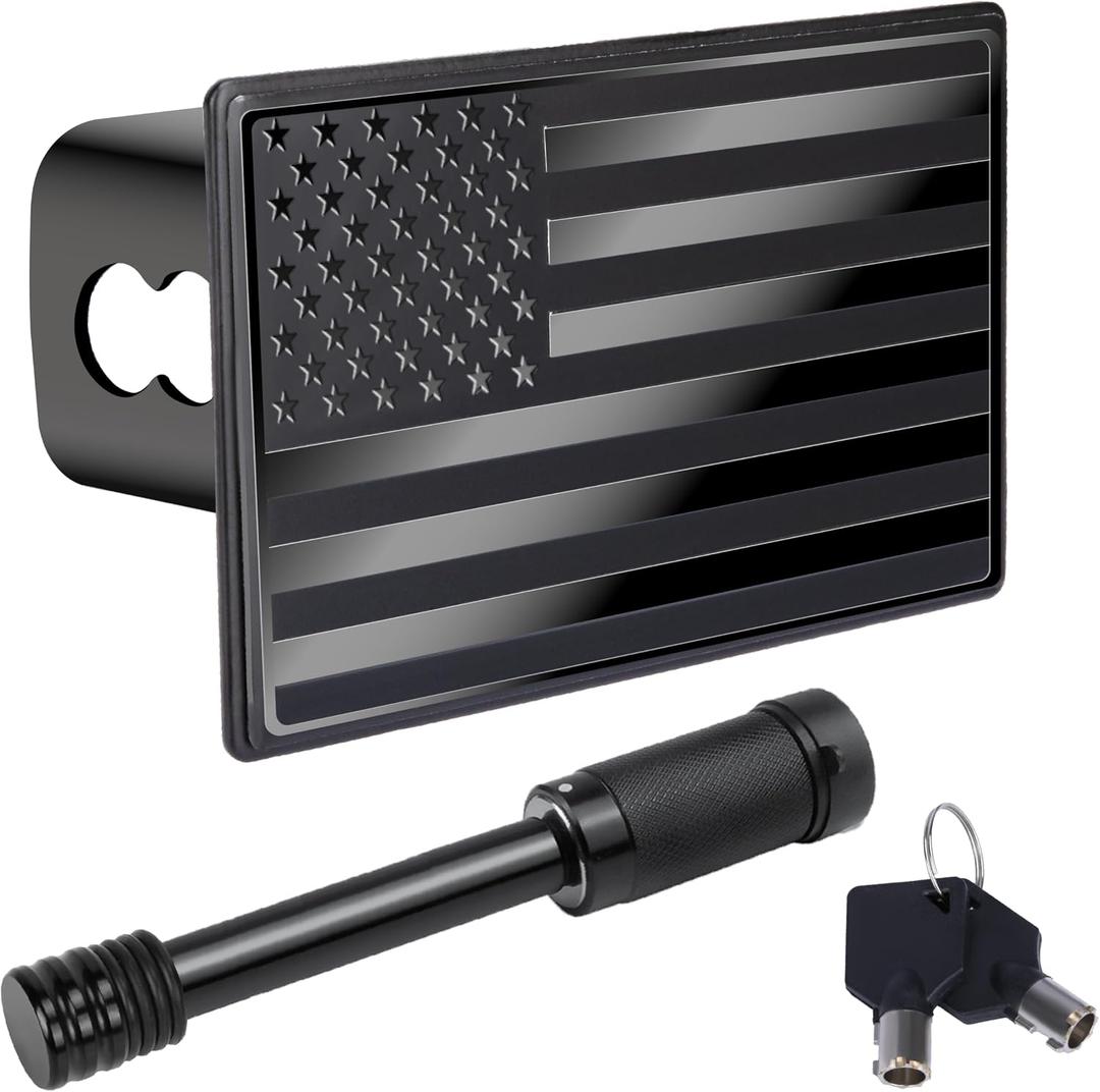 BFXM 2 Inch Trailer Hitch Cover, American Flag Stainless Steel Metal Hitch Cover with 5/8 Inches Pin Diameter Trailer Hitch Lock, Trailer Plug Receiver and Tow Cap for Truck Accessories
