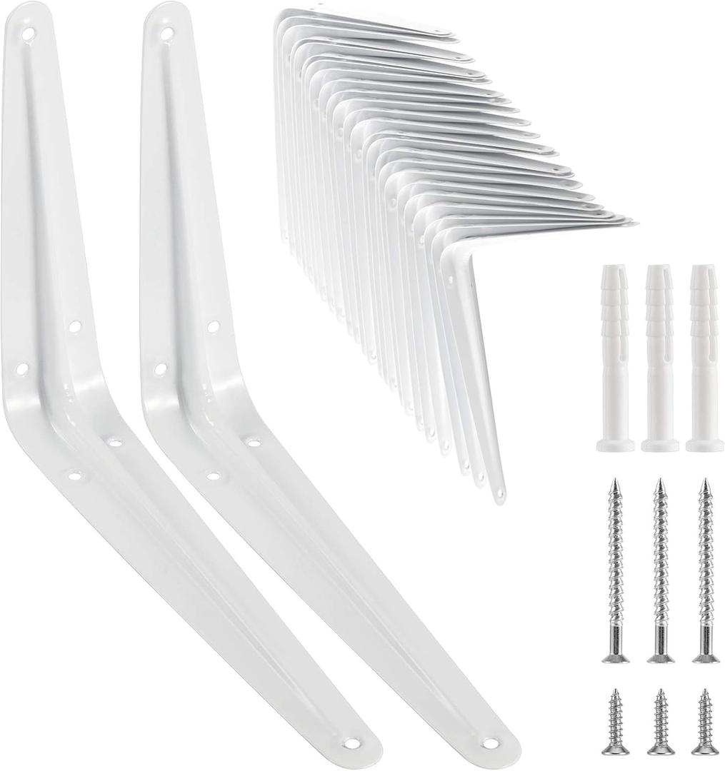 KEILEOHO 24 Pack 6 x 8 Inches Shelf Brackets, Heavy Duty L Metal Wall Corner Angle Shelf Brackets with Screws, Bracket Supports for Hanging Shelves, White