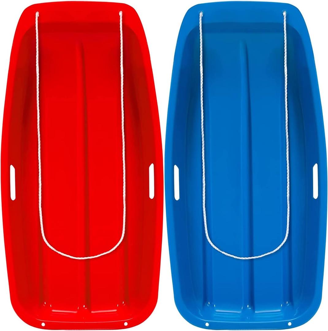 Lightning Snow Sleds 35" Long, 2 Pack Plastic Toboggan Sand Sleds with 2 Handles and a Pull Rope, Winter Snow Fun for Men Women
