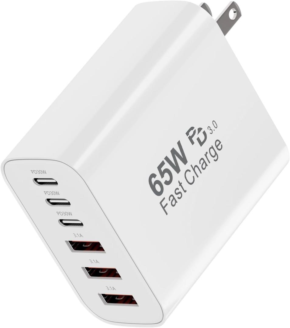USB C Wall Charger Block, 65W GaN 6-Port Fast Charging Block,PD USB C Plug Adapter+QC Plug Compatible with iPhone iPhone 17/17 Plus/17 Pro Max/16/16 Plus/16 Pro Max/15 Pro Max/iPad Pro/14/13/12/11/SE