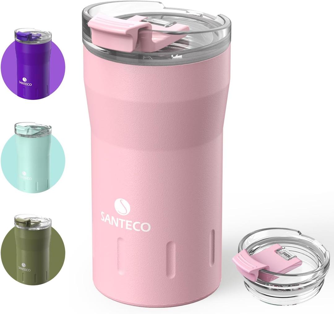 SANTECO Travel Coffee Mug 12 oz, Insulated Coffee Cups with Flip Lid, Stainless Steel Coffee Mugs Spill Proof, Double Wall Vacuum Tumblers, Reusable To Go Mug for Hot/Ice Coffee Tea - Pink