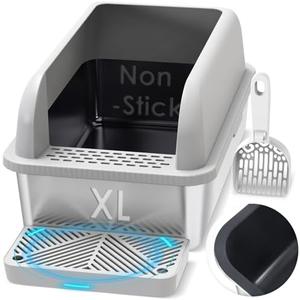 Suzzipaws Non-Sticky Coated Stainless Steel Cat Litter Box with Lid Extra Large Litter Box for Big Cats XL Metal Litter Pan Tray with High Wall Sides Enclosure, Anti-Leakage, Easy Cleaning