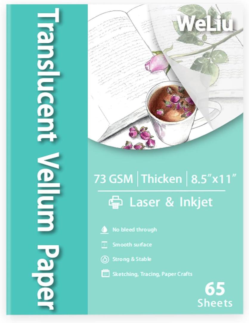 WeLiu Vellum Paper 8.5 x 11 Translucent Printable 65 Sheets for Tracing 50LBS/73GSM