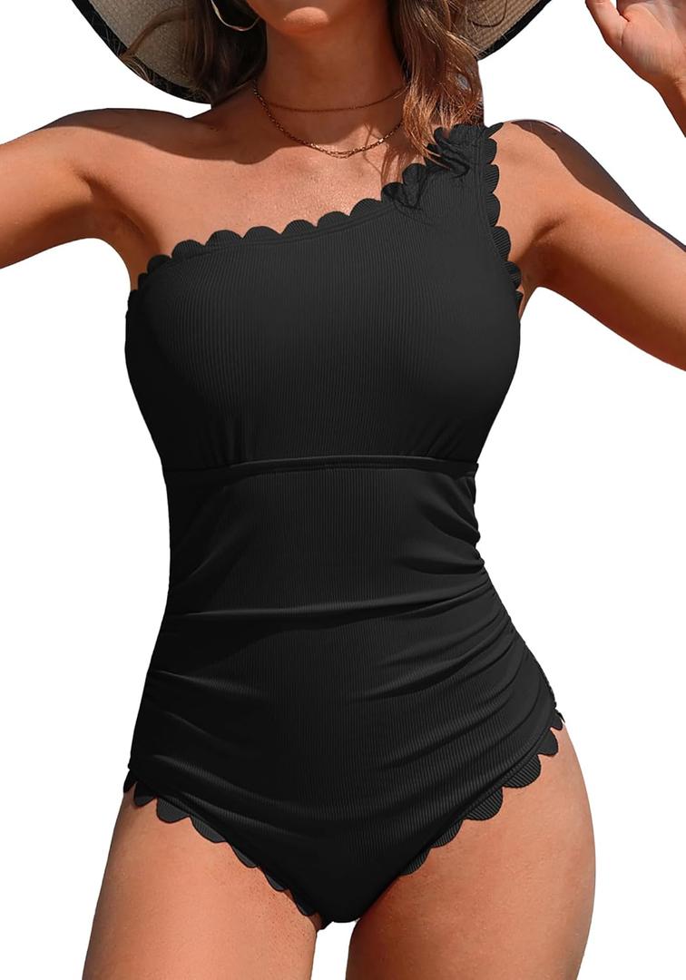 Charmo One Shoulder One Piece Swimsuit Women Ribbed Scalloped Bathing Suit Cutout 1 Piece Slimming Full Coverage Swim Suit (Medium, Black)