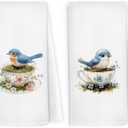 Floral Birds Kitchen Dish Towels 16x24 Inch Set of 2, Blue Bird Tea Cup Gift for Bird Lover, Cute Nature Birds Dish Towel, Flower Decorative Hand Towel Tea Towels for Kitchen Home