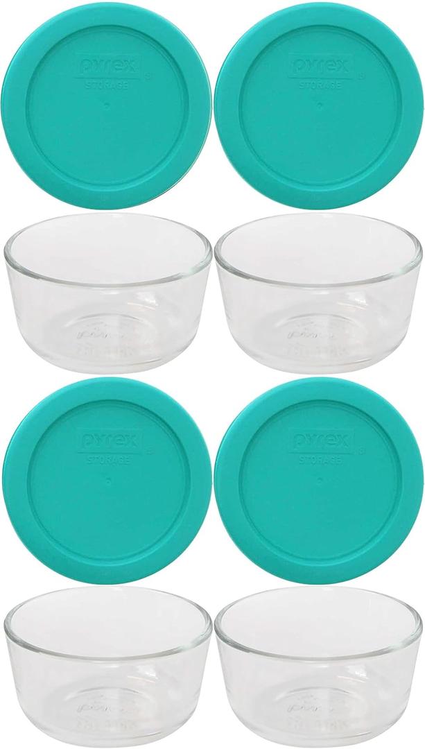Pyrex 7202 1-Cup Glass Bowls & 7202-PC Turquoise Lids (4-Pack) - Made in USA