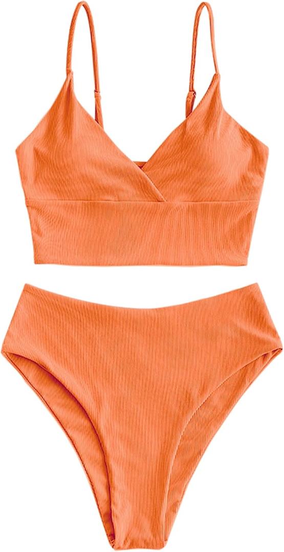 ZAFUL Women Tankini Set, Ribbed High Cut Surplice Swimsuit Bathing Suit with Spaghetti Straps (Small, 0-orange-surplice)