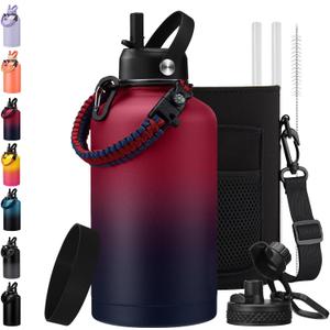 1 Gallon Insulated Water Jug with Straw - Auto Chug Lid, Bottle Carrier Bag, Paracord Handle, 128oz Stainless Steel Water Bottle Keep Hot 24H & Cold 48, Large Canteen Waters Bottles for Sports Work (Rose Purple)
