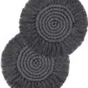 2 PCS Boho Coasters for Drinks Absorbent, Macrame Cotton Coasters for Wooden Table Round Drink Coaster Set with Tassels Housewarming Gift Bar Coffee Table Office Desk Decor (Gray)