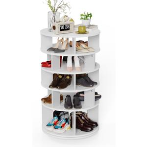 Redlife Rotating Shoe Rack Tower, 5 Tier Wood Spinning Shoe Rack 360 Revolving Shoes Racks Organizer Lazy Shoes Storage Round Carousel for Closet Entryway Bedroom Hallway (White)