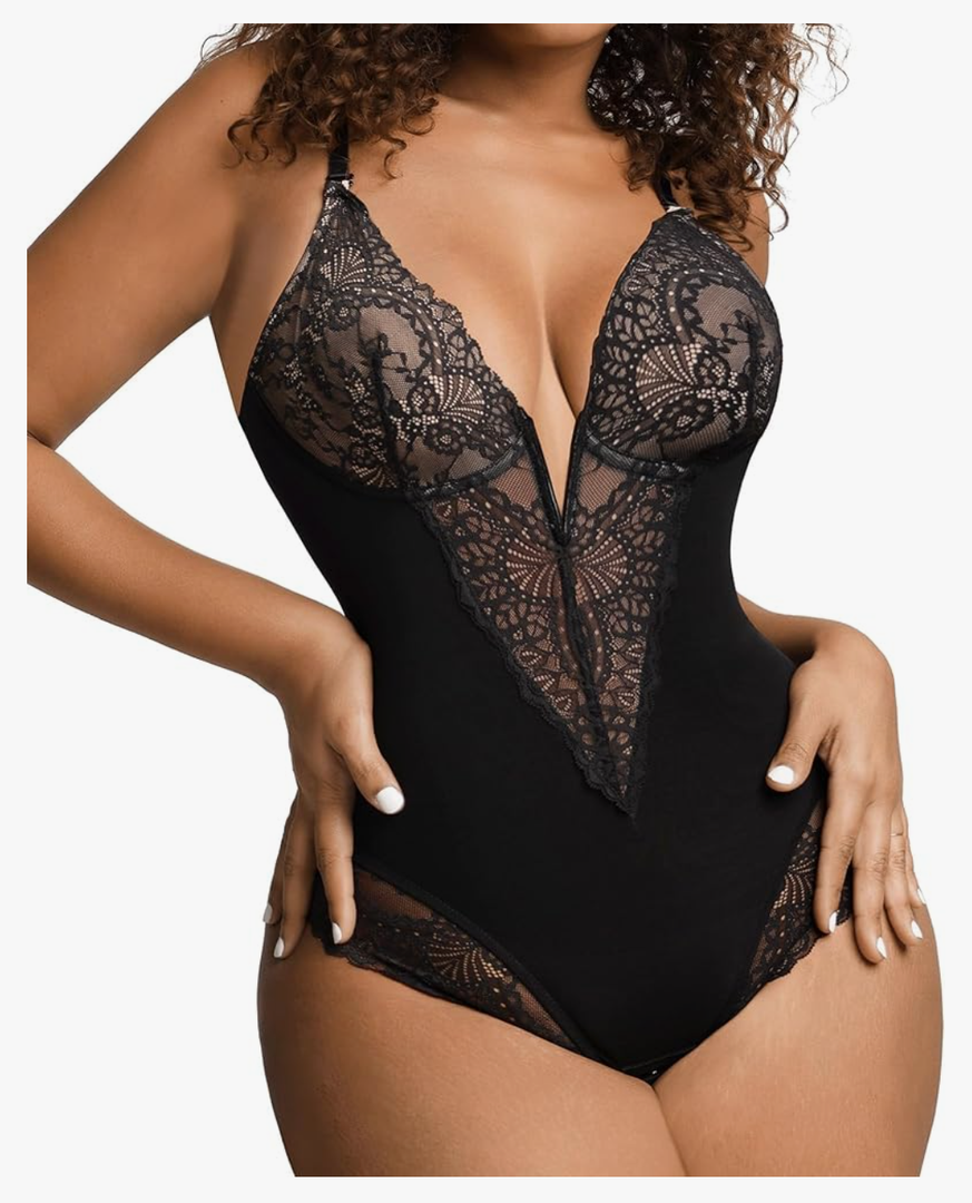 Popilush Lace Shapewear Bodysuit Tummy Control Corset Tops V Neck Sleeveless Backless Body Suit Thongs 3XL