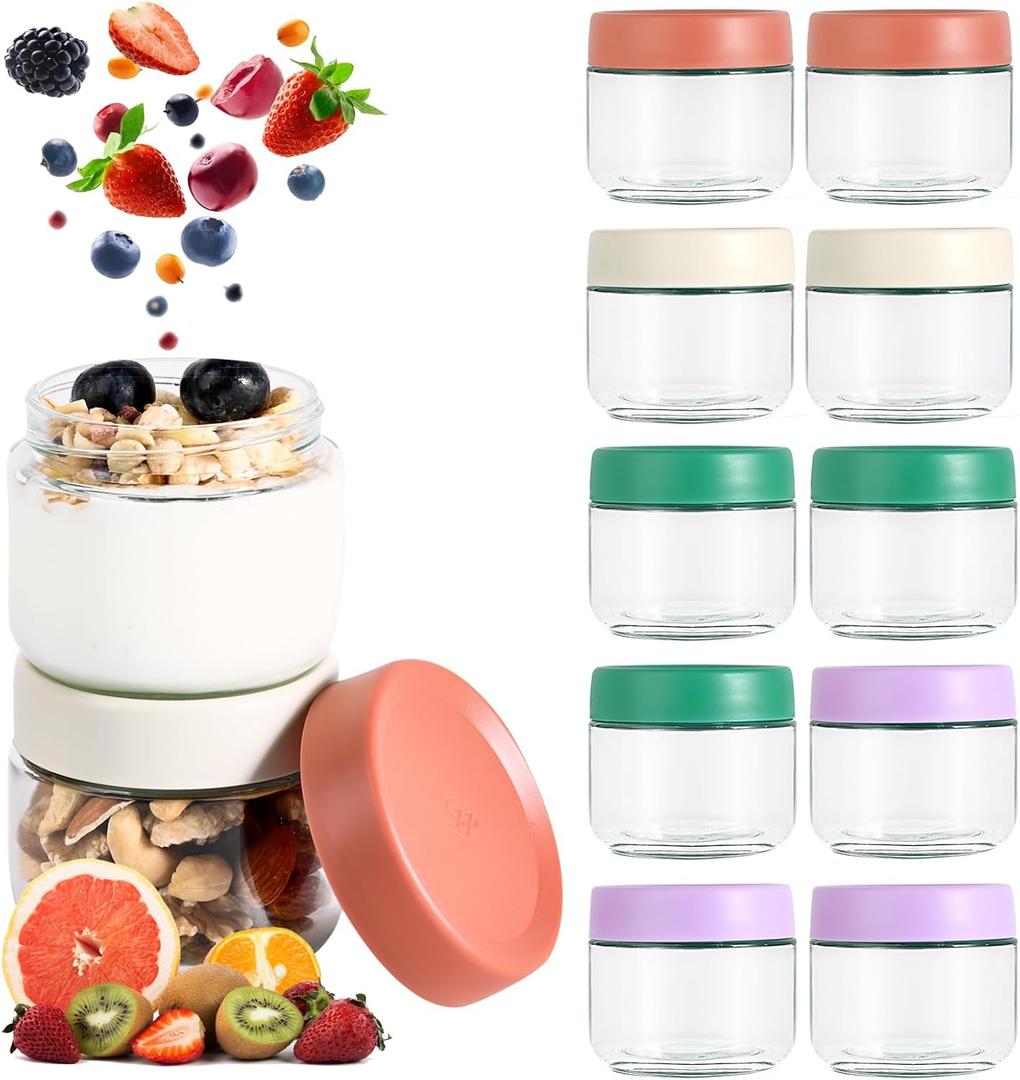Hoa Kinh 10oz 12Pack Overnight Oats Jars with Lids, Leak Proof Small Jars for Overnight Oats, Cereal, Clear Empty Glass Jar with Lids for Kitchen(Red, Green, Purple and White)