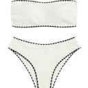 ZAFUL Women's Strapless Bandeau Bikini 2 Piece Swimwear Cheeky Solid Pom Bathing Suits(9-Beige,S)