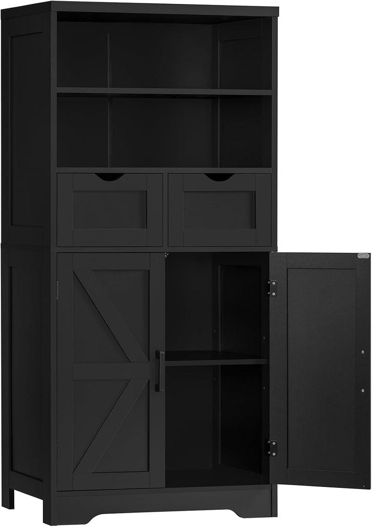 TEENFON Storage Cabinet with Doors & 2 Drawers, Kitchen Cabinet with Adjustable Shelf, Pantry Cabinets, Bathroom Cabinets, for Living Room, Entryway, Home Office, Black, 11.4''D*23.6''W*49.6''H