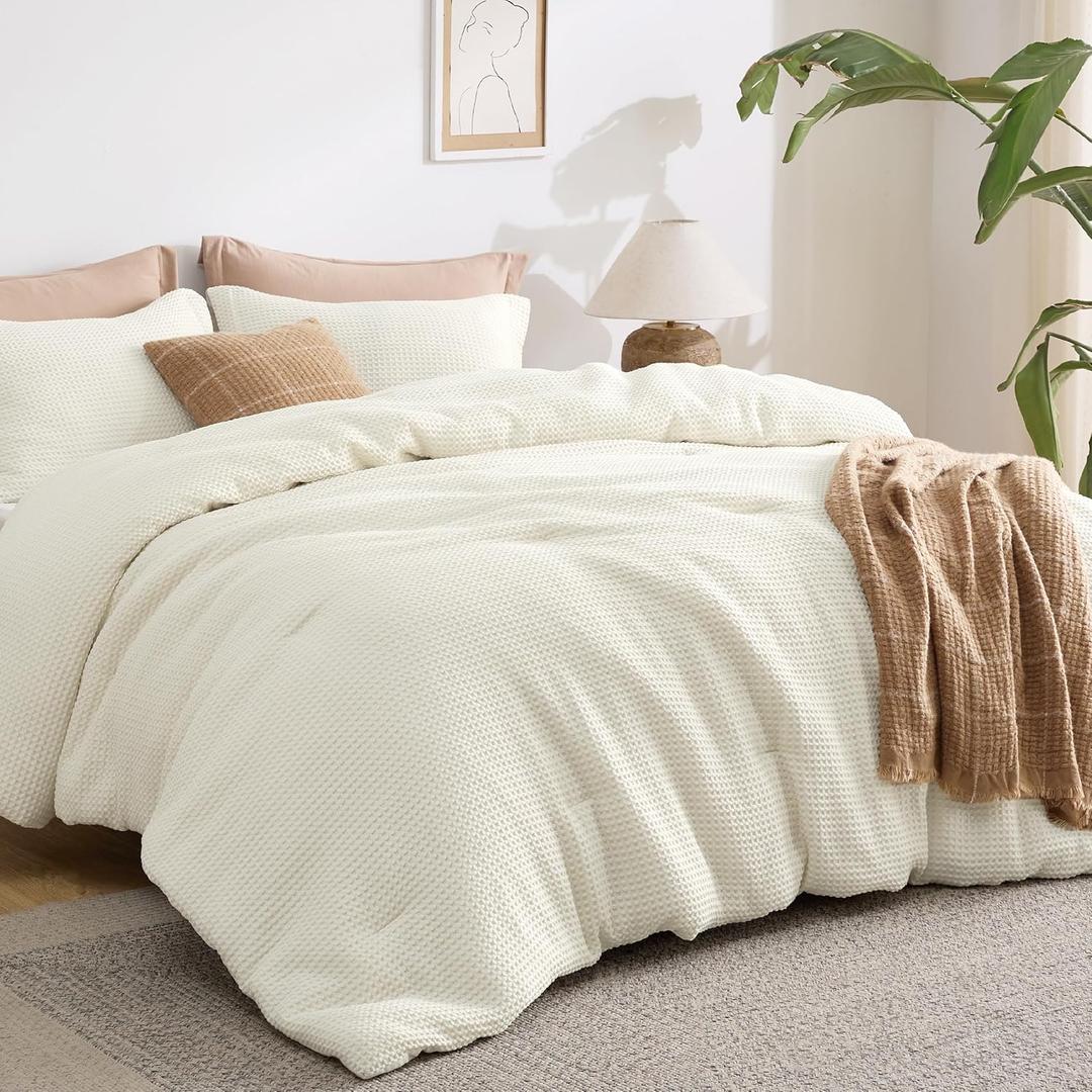 Bedsure Waffle Comforter Set Queen, Soft and Breathable Coconut White Bedding Comforter Set, 3 Pieces, 1 Waffle Weave Comforter (90"x90") and 2 Pillow Shams (20"x26")