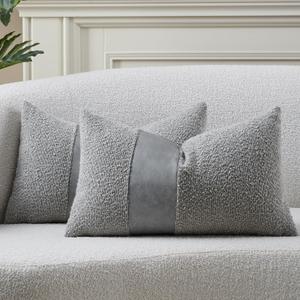 DEZENE Pack of 2 Faux Leather Boucle Throw Pillow Covers 20"x12" Grey Chic Accents Textured Rectangular Lumbar Decorative Pillow Cases for Living Room Couch Bed Farmhouse Boho Home Decor