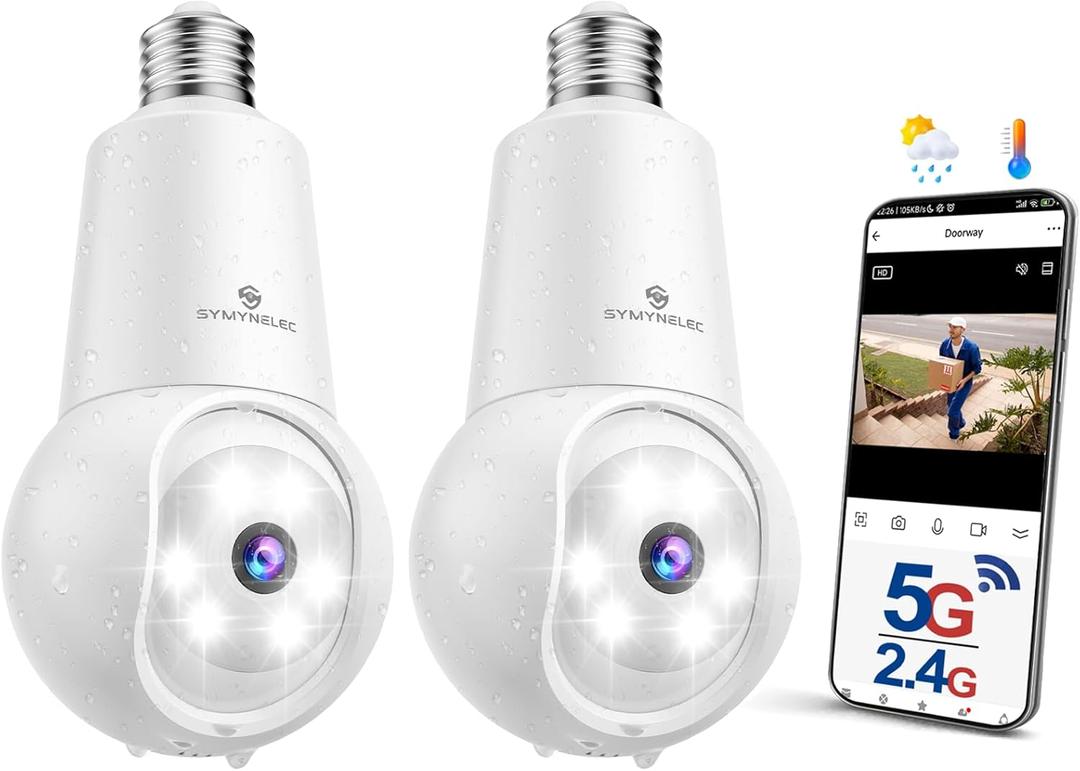 SYMYNELEC Light Bulb Security Camera: 5G WiFi Socket Camera Outdoor - Wireless Lightbulb Camera Waterproof for Home with Night Vision Motion Detection 2Packs