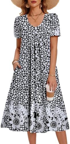 Zeagoo Summer Dress for Women Casual Floral Midi Sundress with Pockets V Neck Pleated Short Sleeve Aline Beach Vacation Dress XXL