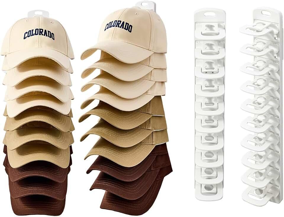 Hat Organizer for Wall, 2 Pack Adhesive Hat Rack for Baseball Caps, No Drilling or Wall Mount Cap Holder with Hooks, Over the Door Hat Storage Organizer for 20 Caps, Closet Storage White Set of 2