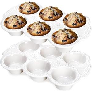 Hiceeden 2 Pack 6-Cup Ceramic Muffin Pan, Nonstick Cupcake Baking Pans with Handle, Ceramic Muffin Tin with Embossed Pattern for Muffin, Cupcake, White