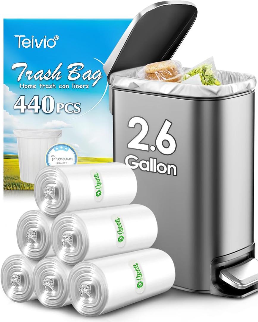 440 Counts Strong Trash Bags Garbage Bags by Teivio, Bathroom Trash Can Bin Liners, Small Plastic Bags for home office kitchen (2.6 Gallon) (1 Count (Pack of 440))
