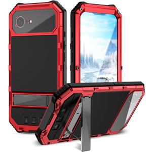 Compatible for iPhone 16E Case with Camera Cover+Screen Protector+Kickstand,Outdoor Aluminum Metal Gorilla Glass Shockproof Military Heavy Duty Sturdy Protector Case (Red)