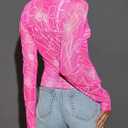 Women's Sheer Floral Long Sleeve Layering Top Ruffled Mock Neck Sheer Blouse for Casual Brunch Party Club Night Date Outfits (Medium, Floral Hot Pink)