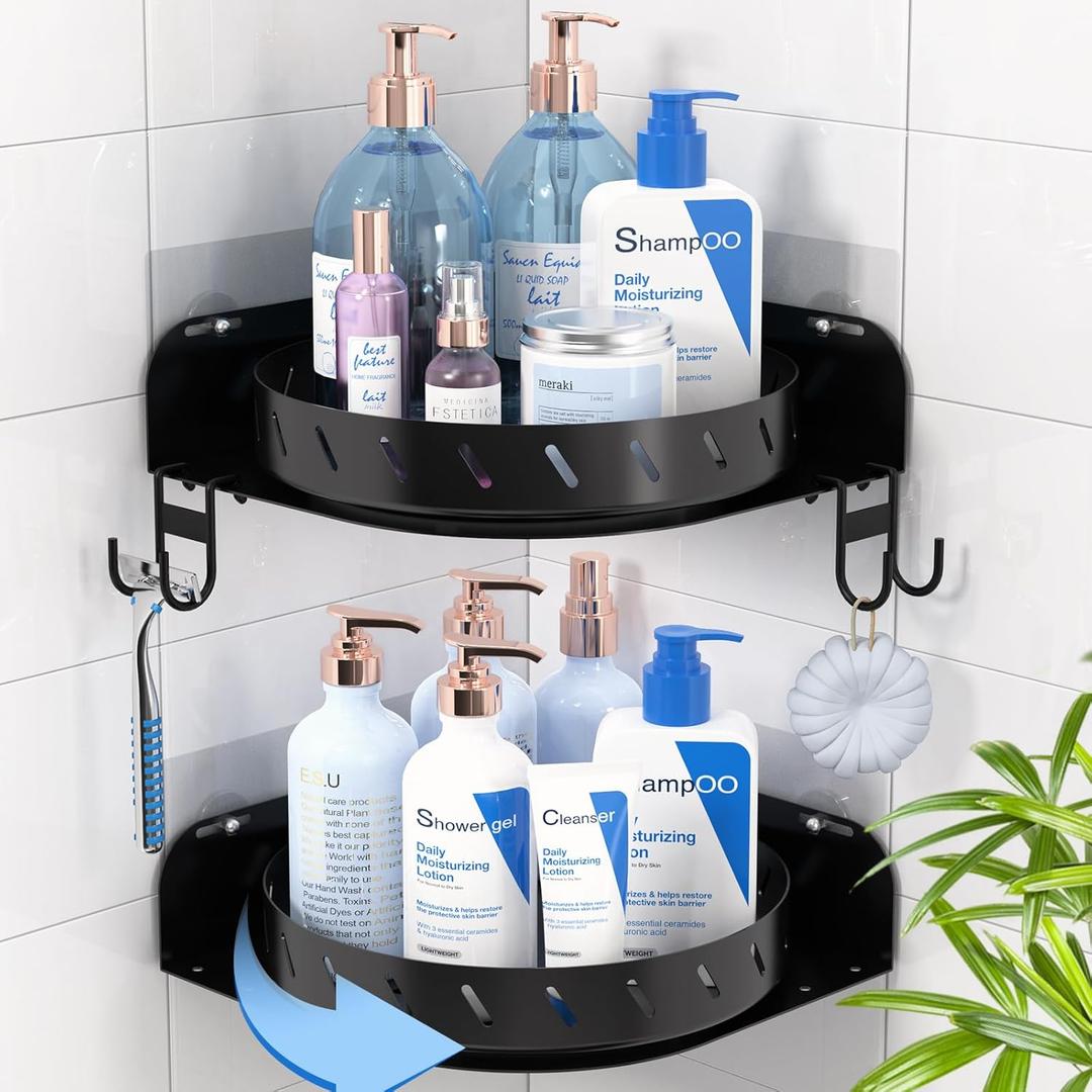 360Rotating Corner Shower Caddy Shelf With 6 Hooks,2PACK Bathroom Lazy Susan Shower Organizer Corner with 5Pcs Adhesive,Stainless Steel Shower Racks for Inside Shower for Home Apartment Decor(Black (Large)