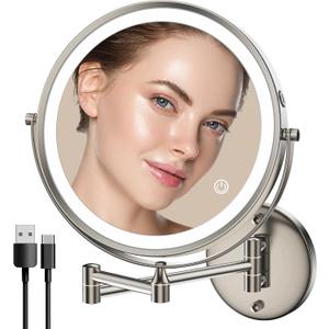 Rocollos 9" Wall Mounted Lighted Makeup Mirror, Large Double Sided 1X/10X Magnifying Mirror, 3 Color LED Vanity Mirror, Touch Dimmable 360 Swivel Light Up for Bathroom