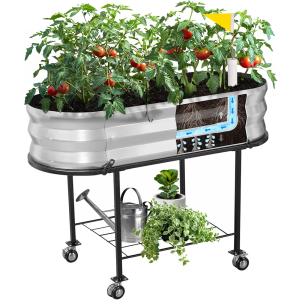 Raised Garden Bed with Legs and Wheels, Self-Watering Planter Box, Wicking Bed, Galvanized Metal Elevated Raised Bed Cart with Drainage Hole and Liner for Indoor Outdoor Gardening