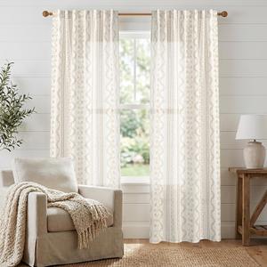 Linen Curtains 96 Inches Long 2 Panel Set,Modern Farmhouse Floral Pattern Taupe Sheer Pleated Light Filtering Curtains for Living Room Dining Room (50"W x 96"L (Pack of 2))