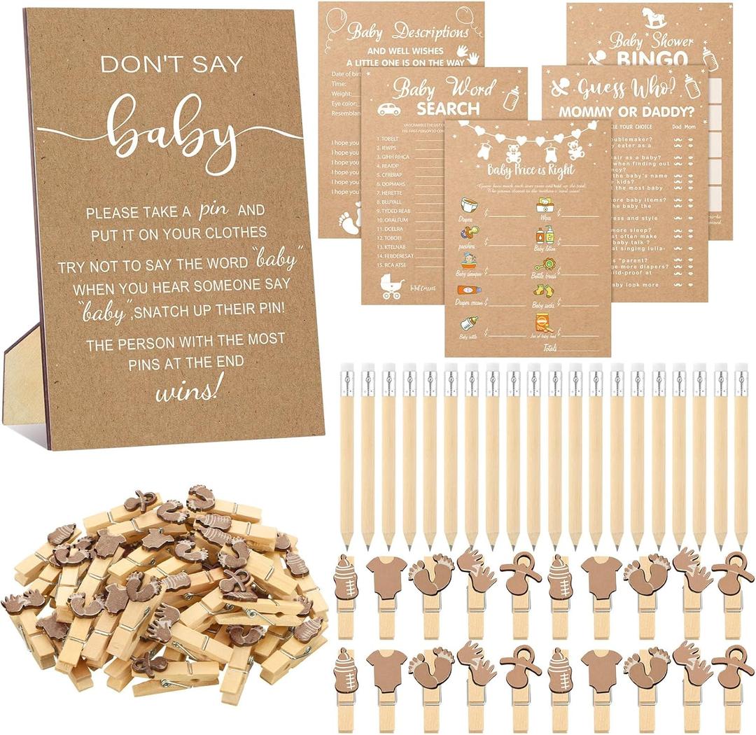 Patelai 321 Pcs Baby Shower Games Supplies, 5 Sets (50 Cards Each) Activities Cards with 20 Pencils 1 Don't Say Baby Sign 50 Clothespin(Kraft Style)