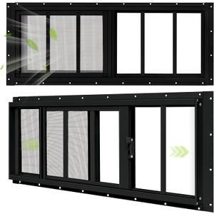 2 Pack Shed Windows, 12"x 35" Black Sliding Window Suitable for Chicken Coop, shed, Household, Barn - Transom Window with Tempered Glass and Fiberglass Screen (BK,12''x 35'')