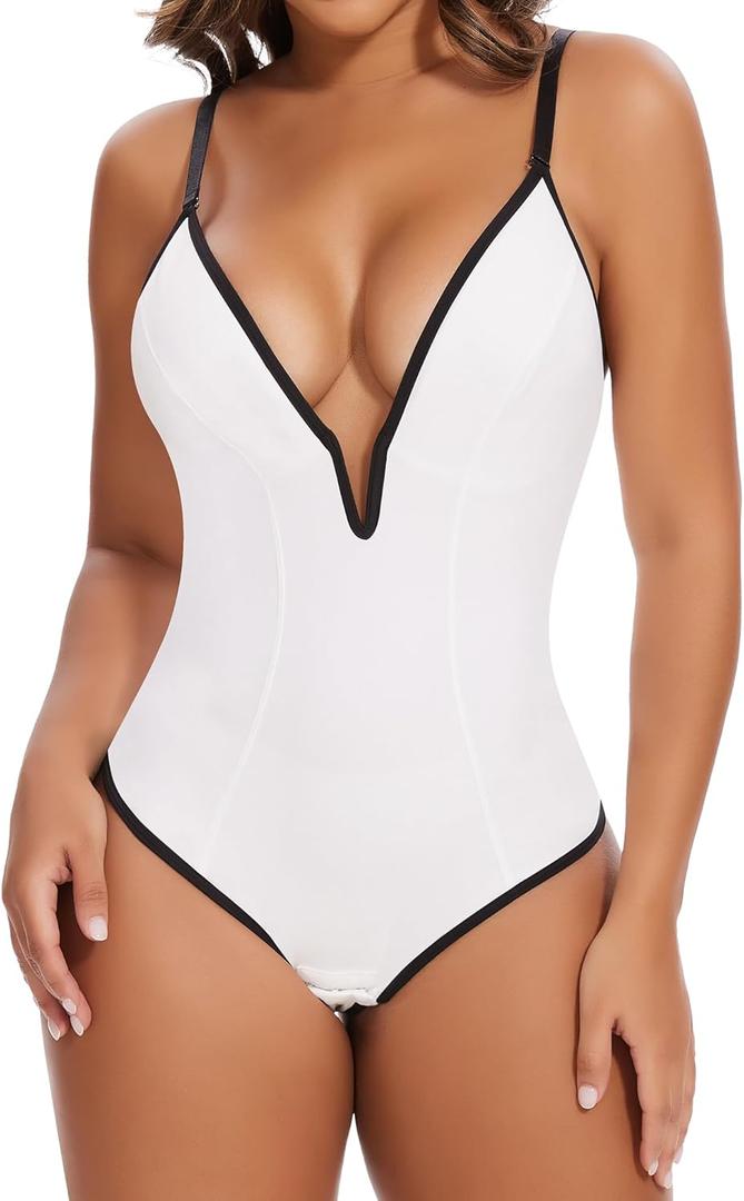 SHAPERIN Women's Deep V Neck Bodysuit Double Lined Plunge Tummy Control Shapewear Thong Body Suits Backless Cami Tank (Medium, Color Block-white)