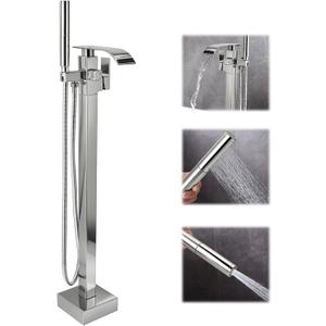 Waterfall Freestanding Bathtub Faucet, Floor Mount Bathroom Tub Filler Shower Faucets with Handheld Sprayer, Chrome
