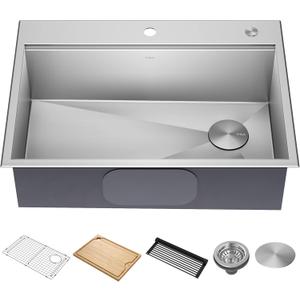 KRAUS Kore 30-Inch Drop In/Top Mount Workstation 16 Gauge Single Bowl Stainless Steel Kitchen Sink with Accessories, KWT310-30