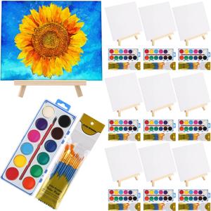 Crtiin 10 Sets Watercolor Paint Sets Include 8" x 10" Canvas Wooden Easel 12 Colors Watercolor and Painting Brush for Adults Art Party Favors Back to School Gifts Classroom Supplies