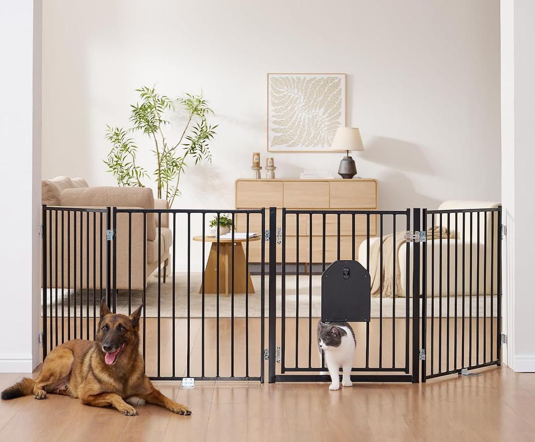 No Pawblems Free Standing Dog Gate with Cat Door, 30'' Tall Foldable Dog Fence for Indoor & Outdoor, Up to 104 Inch Extra Wide Puppy Gate for Stairs, Hallways, Doorways, Deck, Yard (Black, 4 Panels)