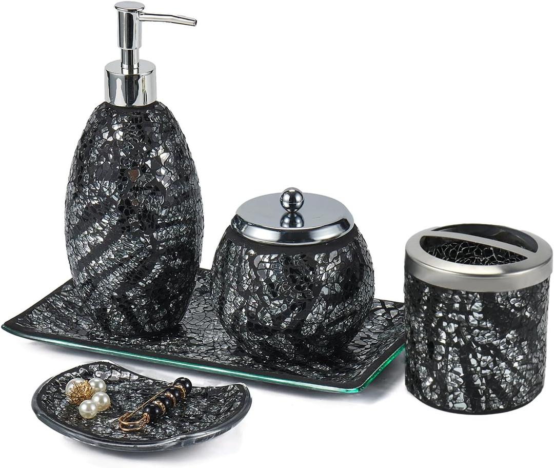 5pcs Mosaic Glass Bathroom Accessories Set Luxury Decorative Bath Accessories Set Includes Soap Dispenser, Soap Tray, Cotton Swab Jar, Toothbrush Holder, Vanity Tray