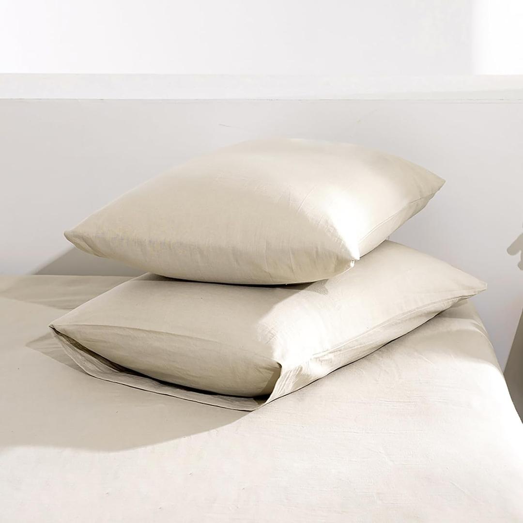 TUMEI 100% Linen Pillow Case Queen, Set of 2 Queen Size Linen Bed Pillow Cases Pillow Shams Cover Washed Solid Color Natural Flax Soft Breathable (25.98"×20.08")