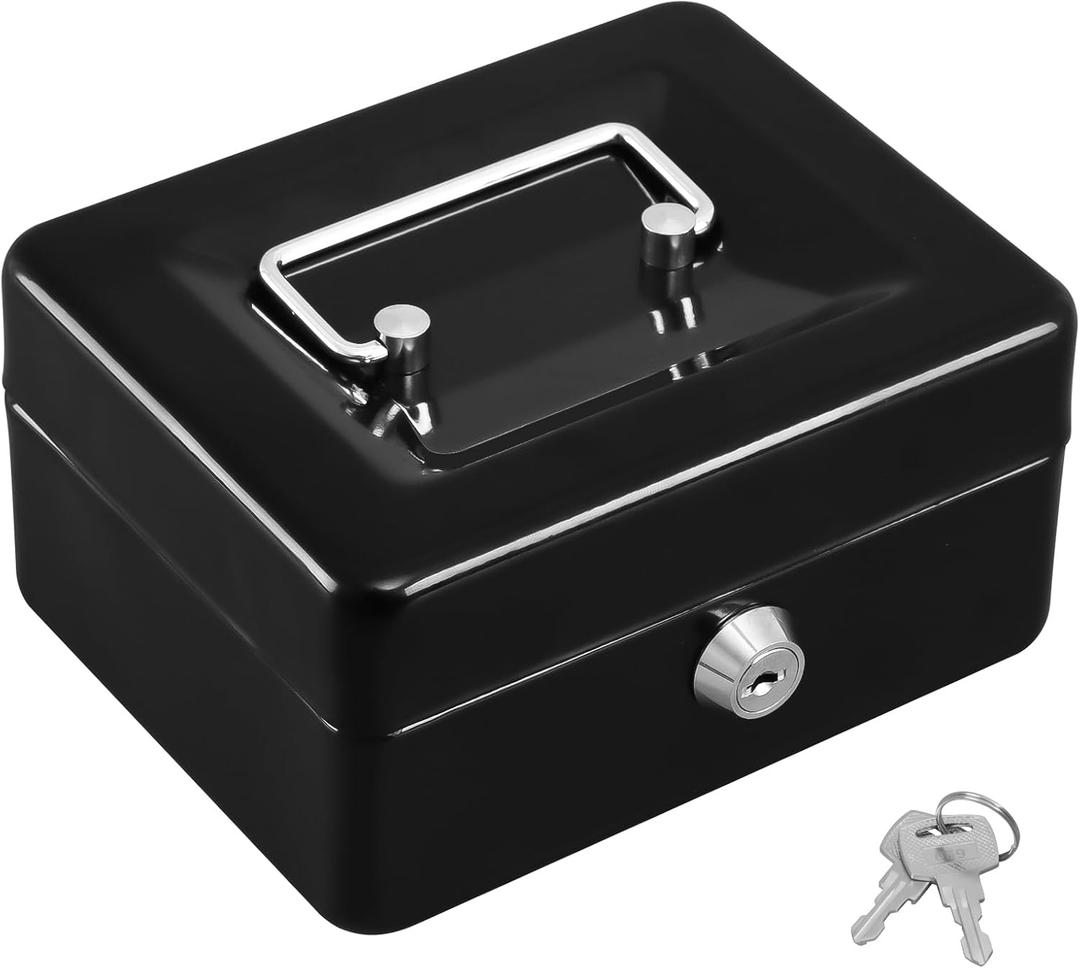 KYODOLED Cash Box with Key,Small Safe Lock Box with Portable Handle,Cash Drawer,5.91"x 4.72"x 3.15" Black, Small