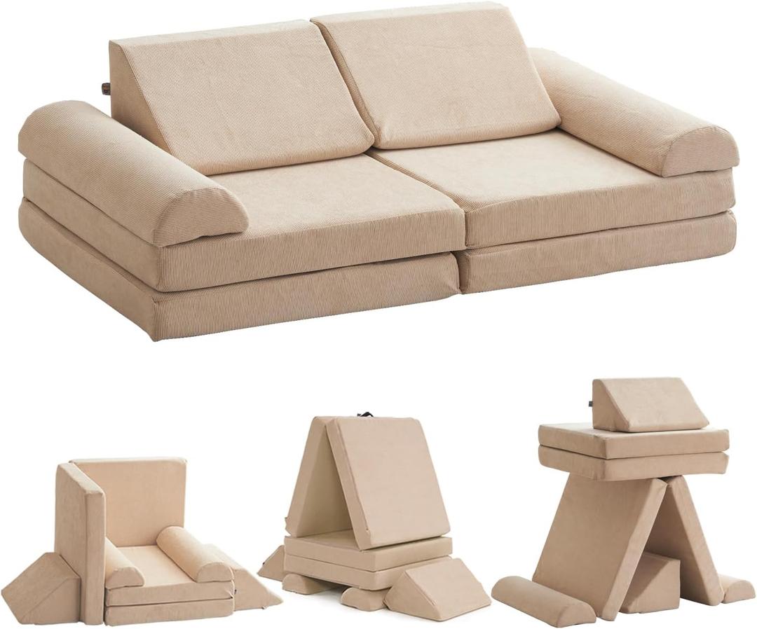 jela Kids Couch Safety Certified Play Couch Soft Kids Sofa with Machine Washable Cover Thick Foam Fort Building Set for Playroom Indoor 57x28x18 Inch (Corduroy, Brown Sugar) (Sand Beige)