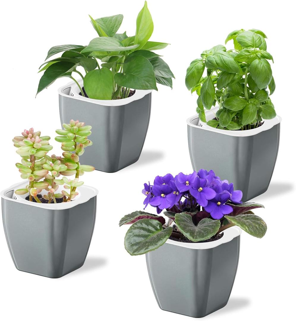 4 Pack Self Watering Pots 4-inch Decorative Flower Planters for Indoor Plants Modern Square planters for Small Plants Window Sill Planters for Succulents, African Violets, Herbs(Sliver Black)