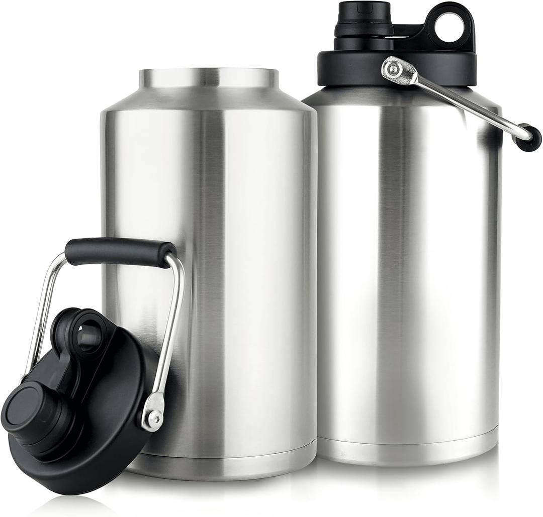 1 Gallon Water Bottle Insulated Stainless Steel Keeps Ice 48Hr, Large Water Gallon Jug Wide Mouth Leakproof Vacuum for Gym, Camping, & Construction Stainless Steels (2 Packs)